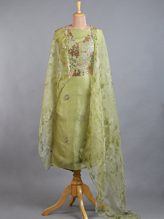Organza Sage Green Sequinned Kurta Set with Applique Work - Unstitched