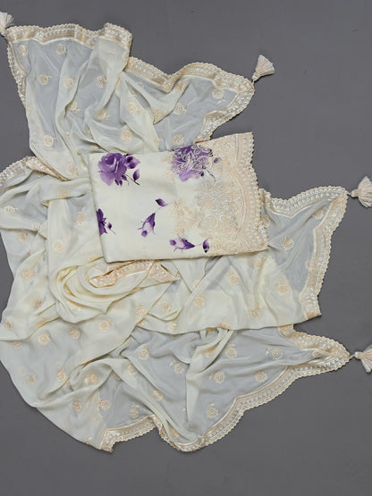 White & Purple Printed Embroidered Kurta Set - Unstitched