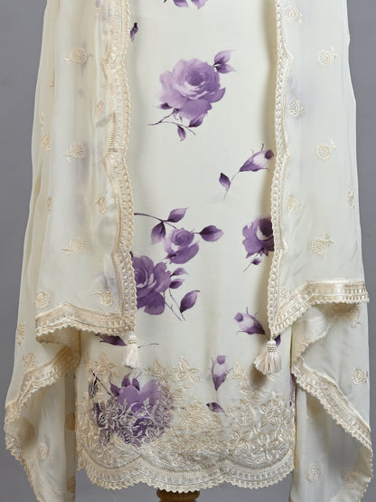 White & Purple Printed Embroidered Kurta Set - Unstitched