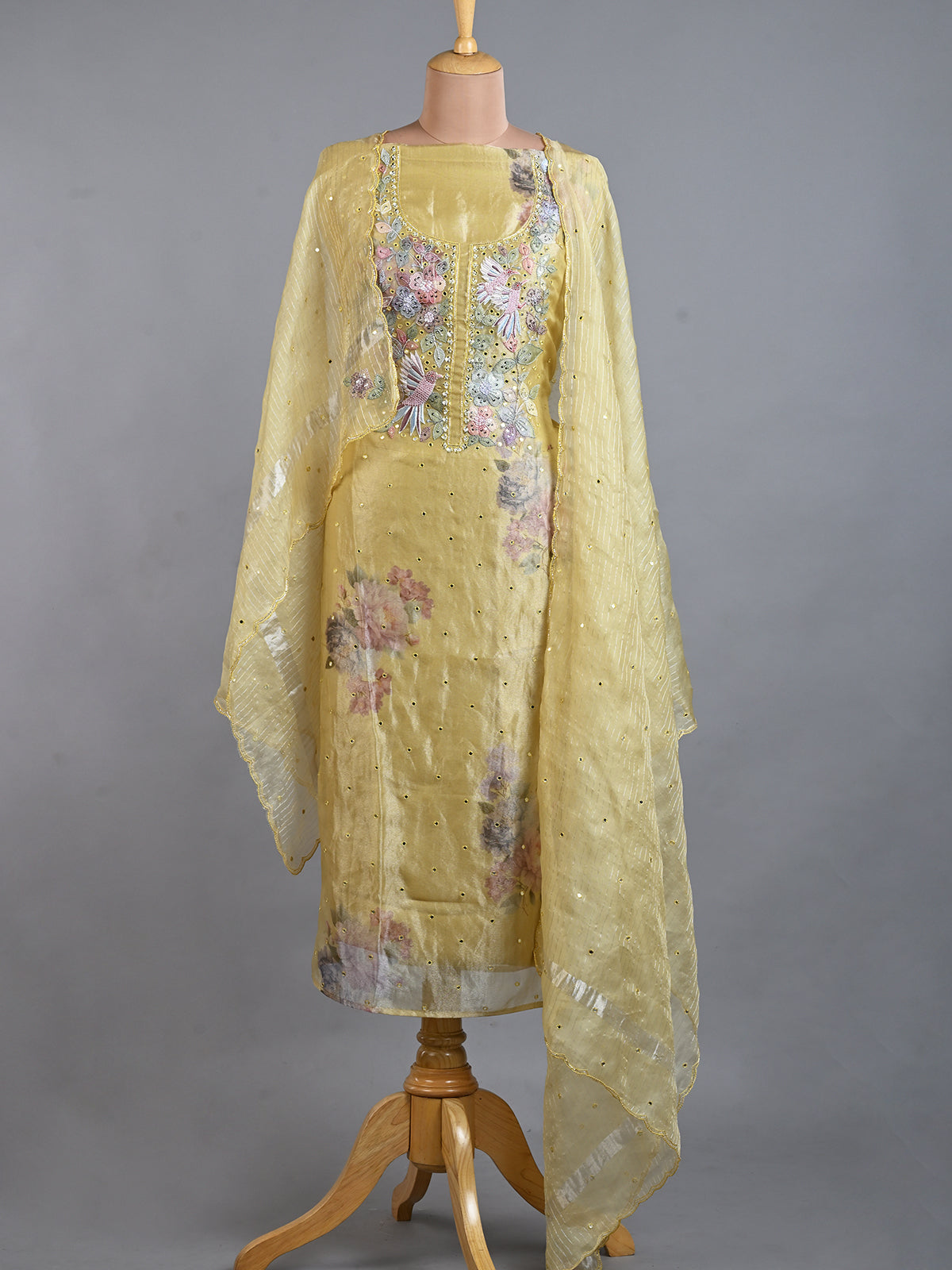Charming Yellow Tissue Kurta Set with Shadow Work - Unstitched
