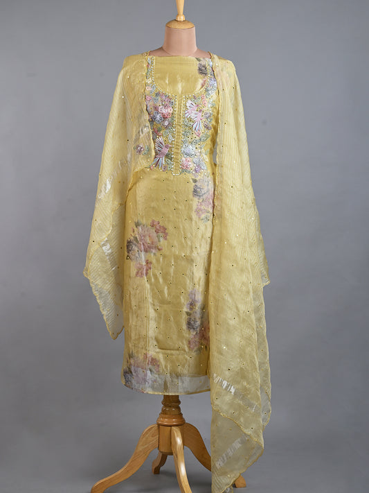 Charming Yellow Tissue Kurta Set with Shadow Work - Unstitched