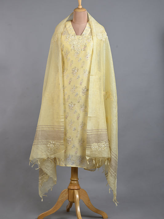 Yellow Linen Cutdana Kurta Set with Resham & Sequins Details - Unstitched