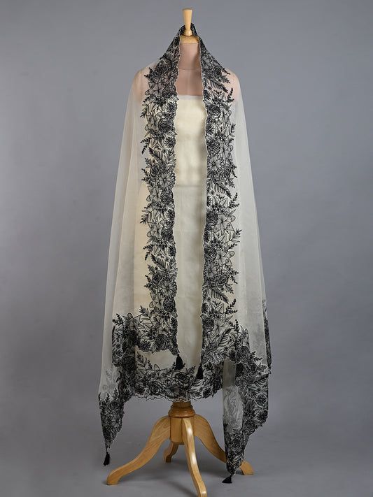 White & Black Embroidered Organza Kurta Set - Unstitched