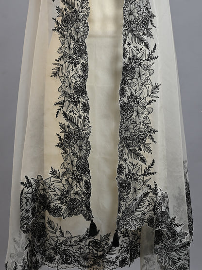 White & Black Embroidered Organza Kurta Set - Unstitched