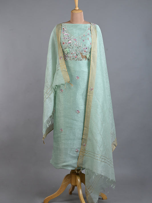 Sage Green Linen Cutdana Kurta Set Detailed with Resham Work - Unstitched