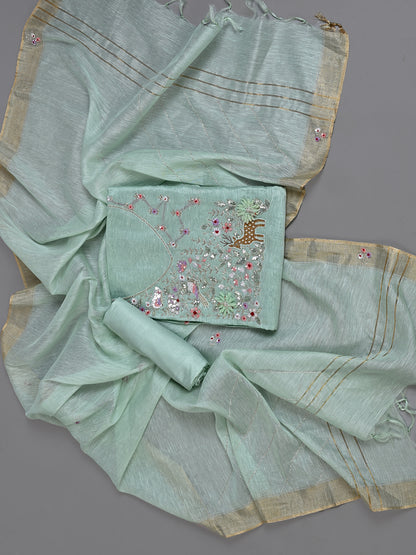 Sage Green Linen Cutdana Kurta Set Detailed with Resham Work - Unstitched