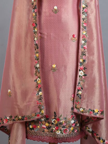 Resham Embroidered Designer Pink Tissue Kurta Set - Unstitched