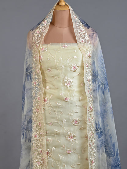 Women's Printed Embroidered Organza Kurta Set in White & Blue - Unstitched