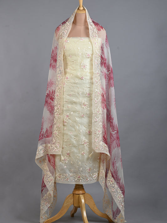 Women's Printed Embroidered Organza Kurta Set in White & Pink - Unstitched