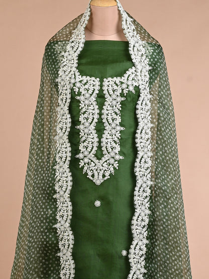 Parsi Embroidered Green Organza Kurta Set - Unstitched