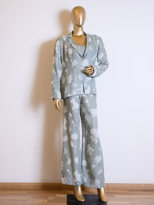 Designer Grey Floral Printed Jacket Set in Linen