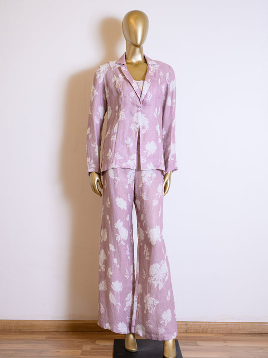 Floral Printed Designer Lavender Purple Jacket Set in Linen