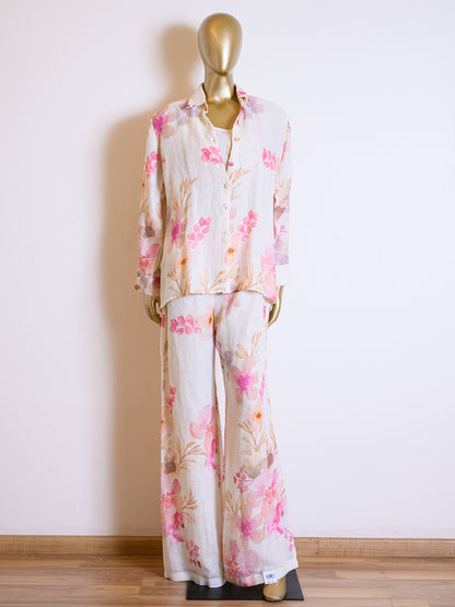 Light Pink Floral Printed Linen Jacket Set