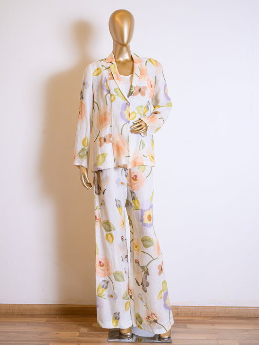 Designer Peach Floral Printed Jacket Set in Linen