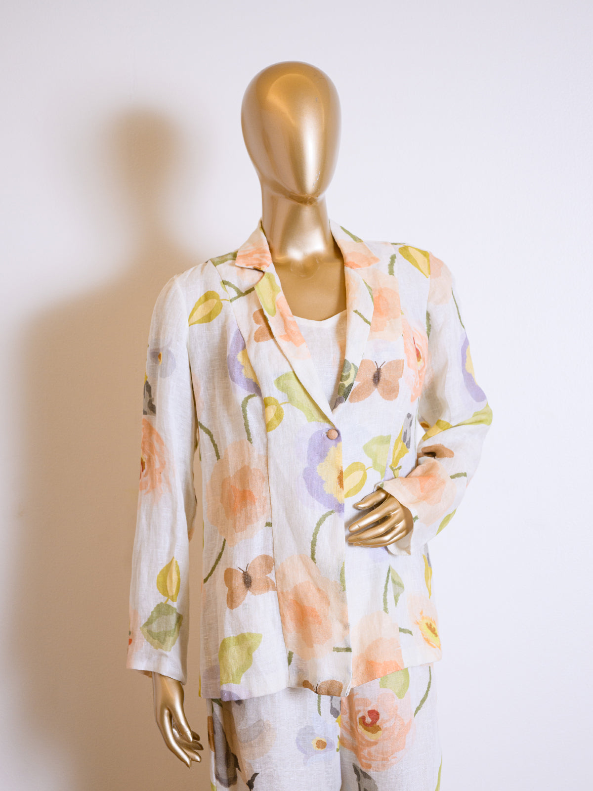 Designer Peach Floral Printed Jacket Set in Linen