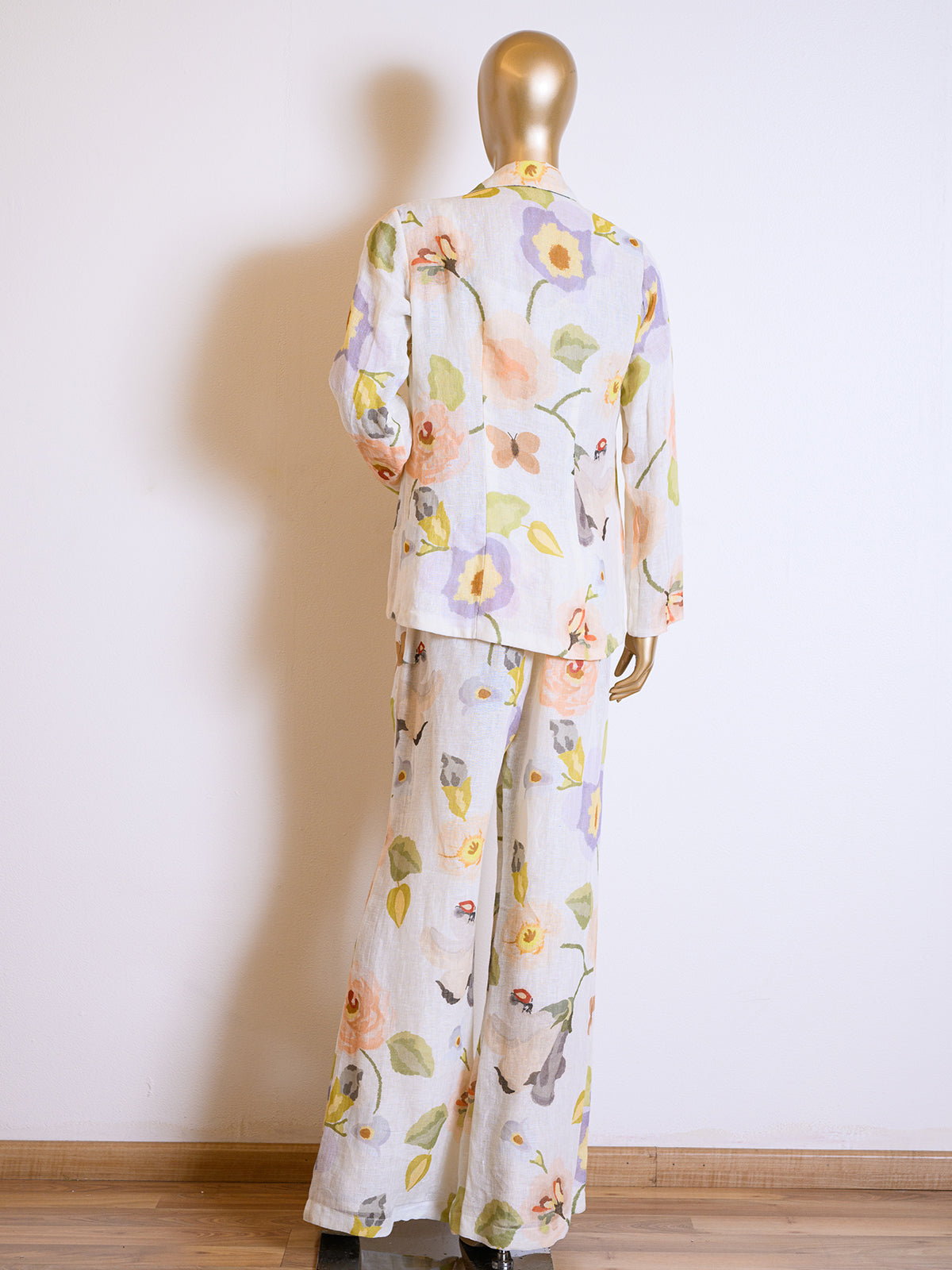 Designer Peach Floral Printed Jacket Set in Linen