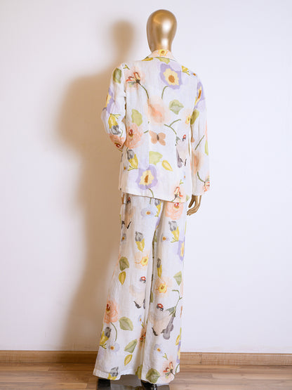 Designer Peach Floral Printed Jacket Set in Linen