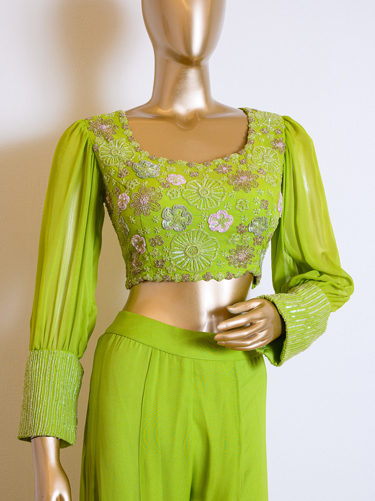 Green Georgette Sequinned Co-ord Set with Cut Dana Details