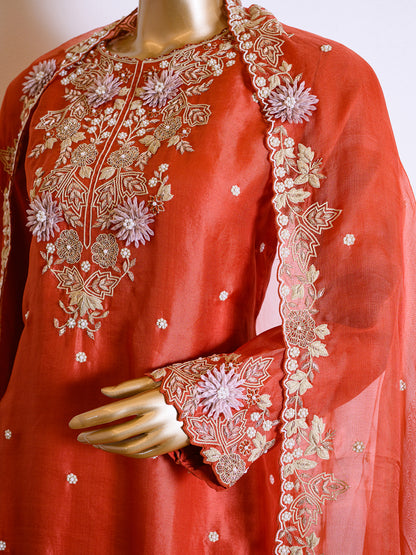 Ethnic Embroidered Rust Orange Kurta Set with Dupatta