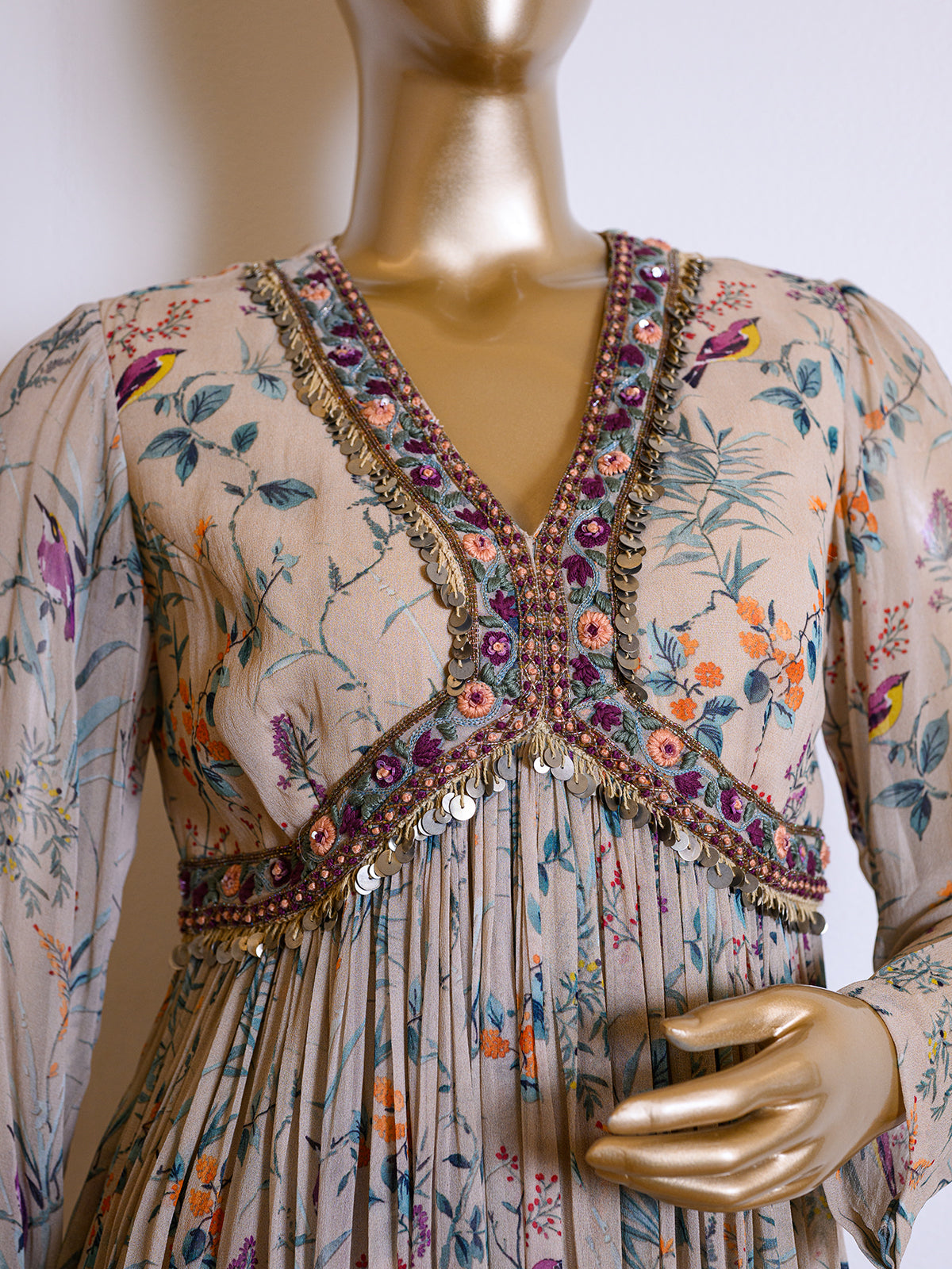 Cream White Georgette Printed Co-ord Set with Resham Work