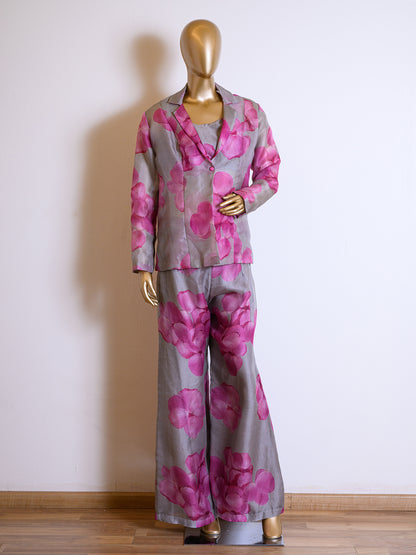 Floral Printed Purple Organza Jacket Set