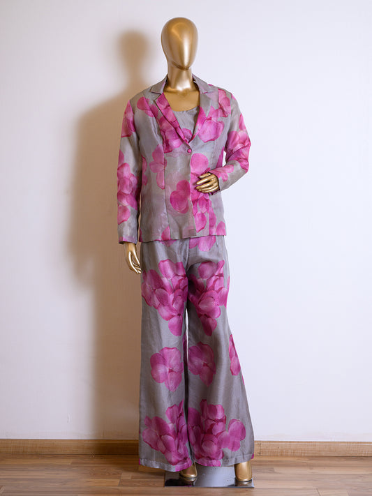 Floral Printed Purple Organza Jacket Set