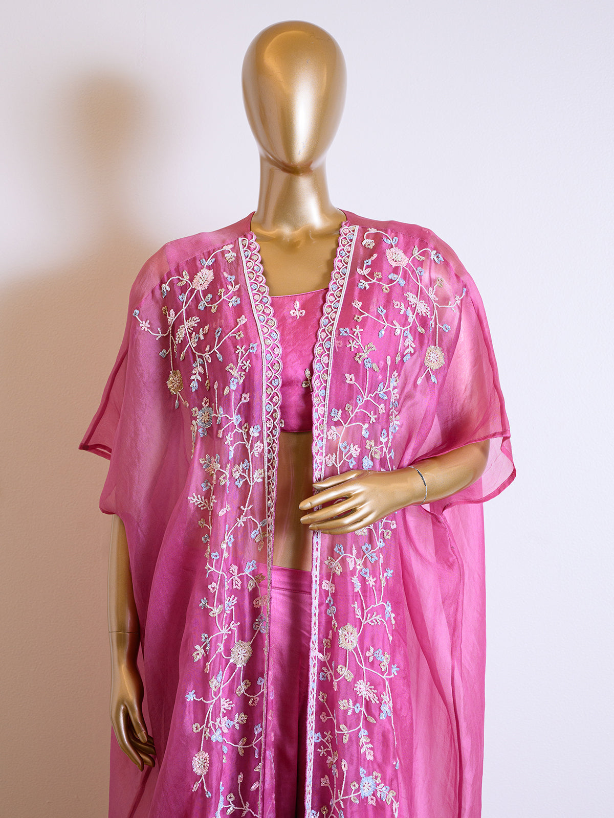 Designer Pink Sequinned Organza Cape Set with Cut Dana Details