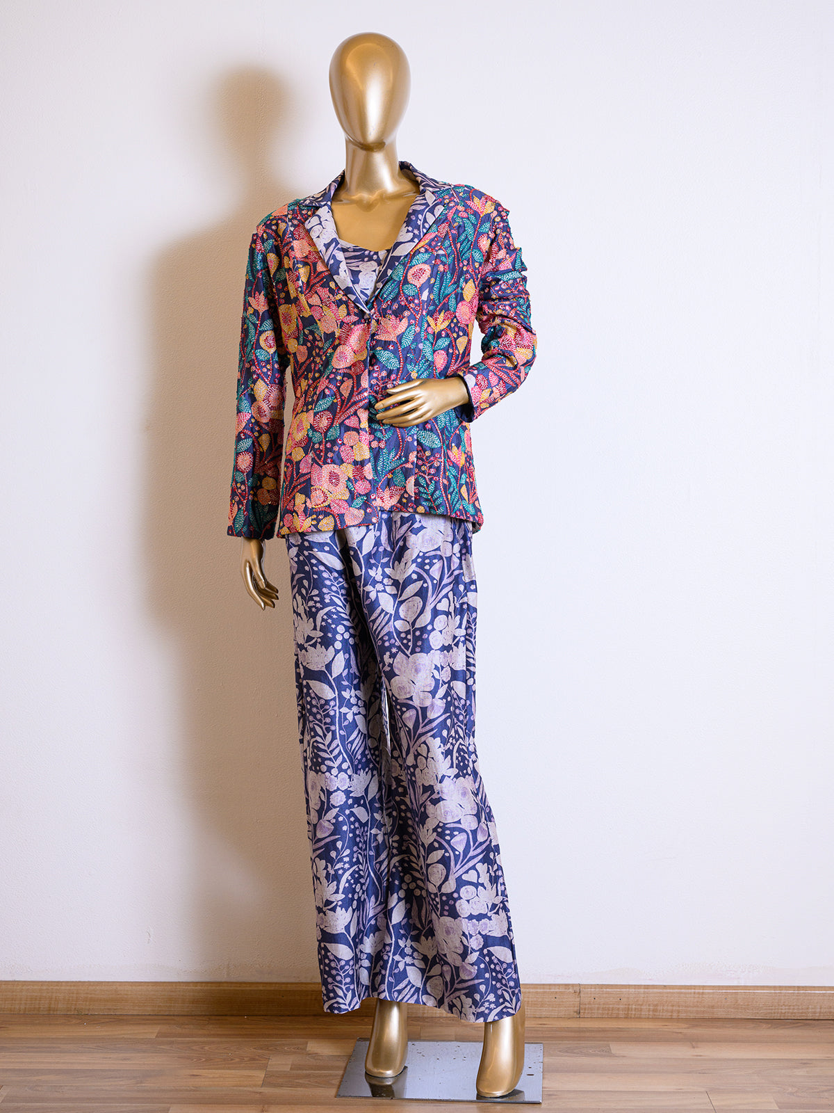 Deep Blue Chanderi Jacket Set Embroidered with Thread Work