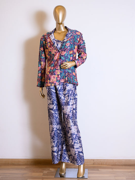 Deep Blue Chanderi Jacket Set Embroidered with Thread Work