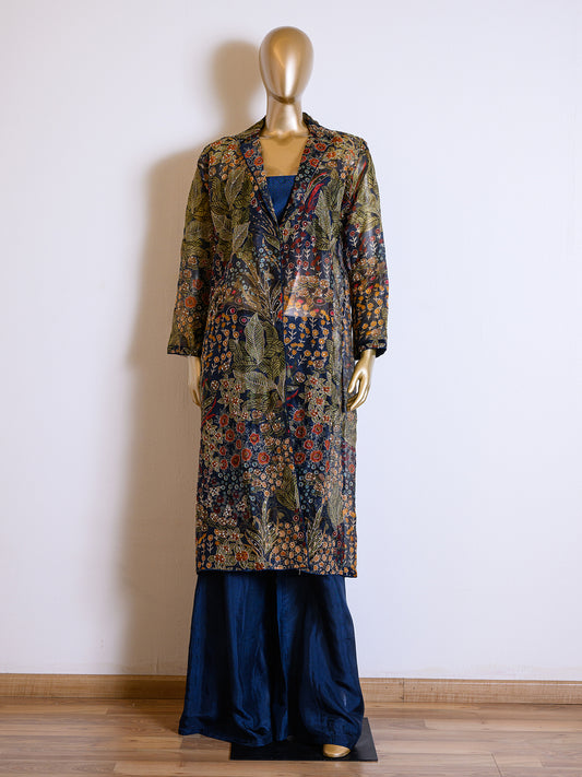 Elegant Deep Blue Organza Cutdana Jacket Set with Sequins