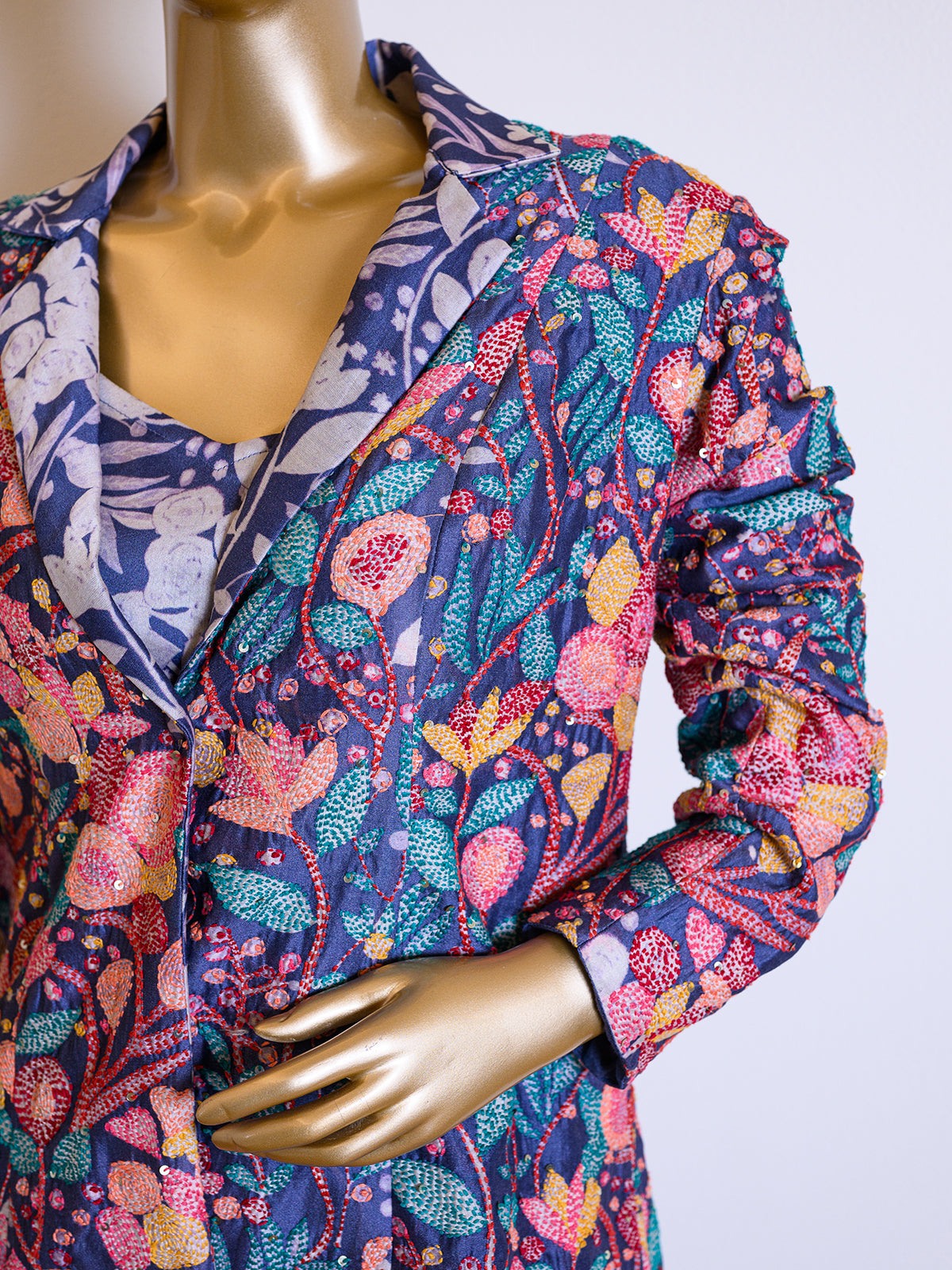 Deep Blue Chanderi Jacket Set Embroidered with Thread Work