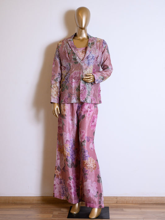 Floral Printed Purple Tissue Jacket Set with Sequins