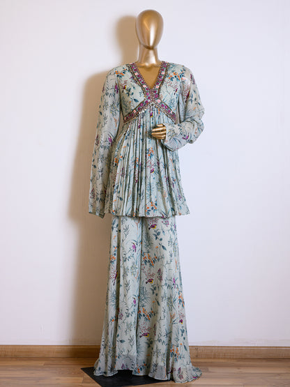 Georgette Peplum Printed Co-ord Set with Cutdana Resham Details