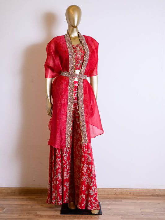Charming Red Organza Cape Set Embroidered with Pearls & Chir Work