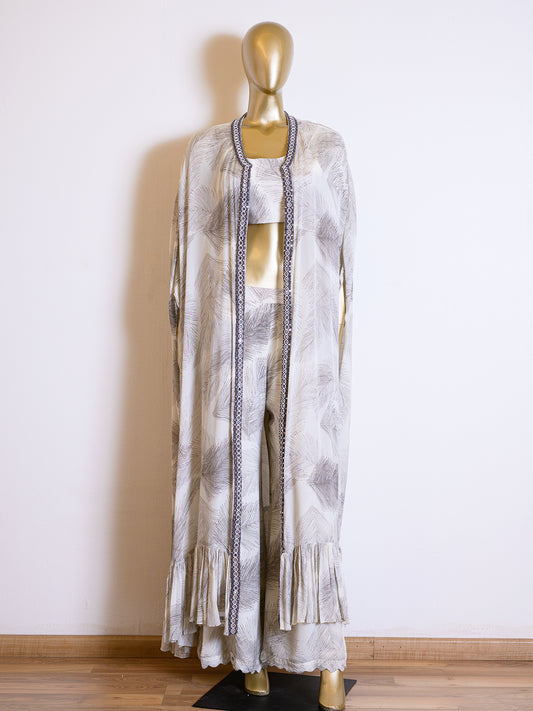 Printed Grey Georgette Cape Set with Mirror Work