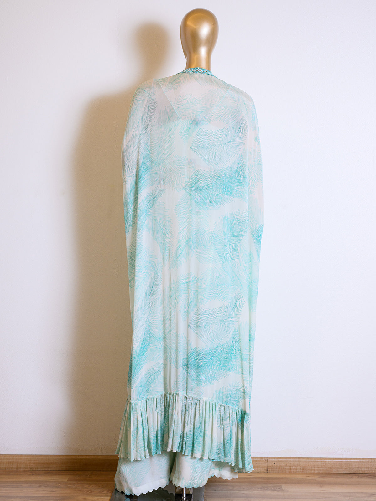 Elegant Blue Georgette Printed Cape Set with Mirror Work