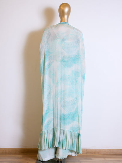 Elegant Blue Georgette Printed Cape Set with Mirror Work