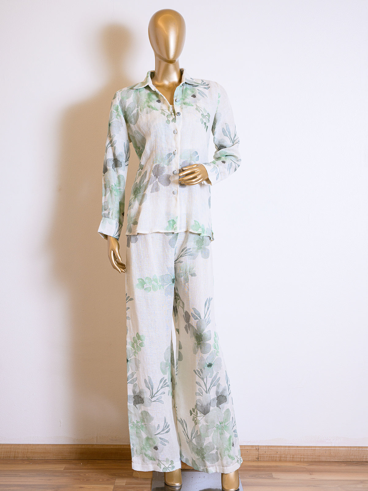 Light Green Floral Printed Linen Jacket Set