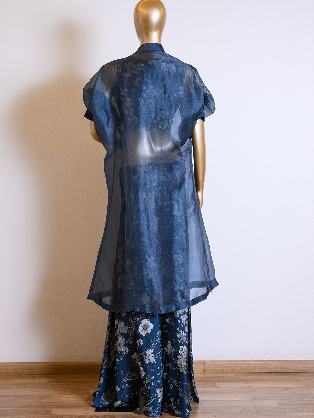 Printed Organza Deep Blue Jacket Set Detailed with Mirror Work