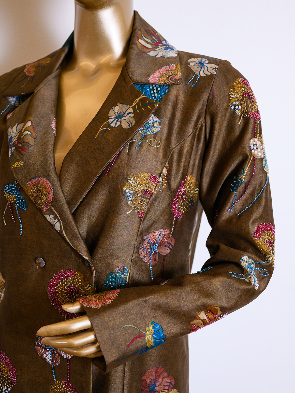 Mehandi Brown Chanderi Cutdana & Sequinned Jacket Set with Chir Work