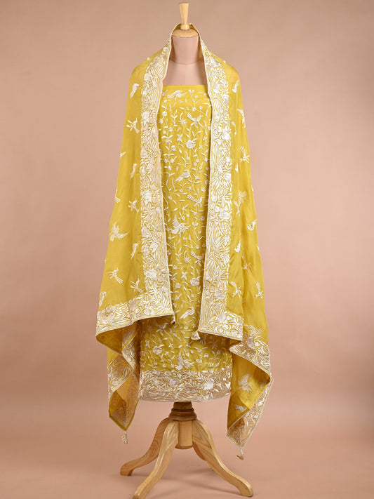 Bengal Silk Parsi Embroidered Yellow Kurta Set - Unstitched