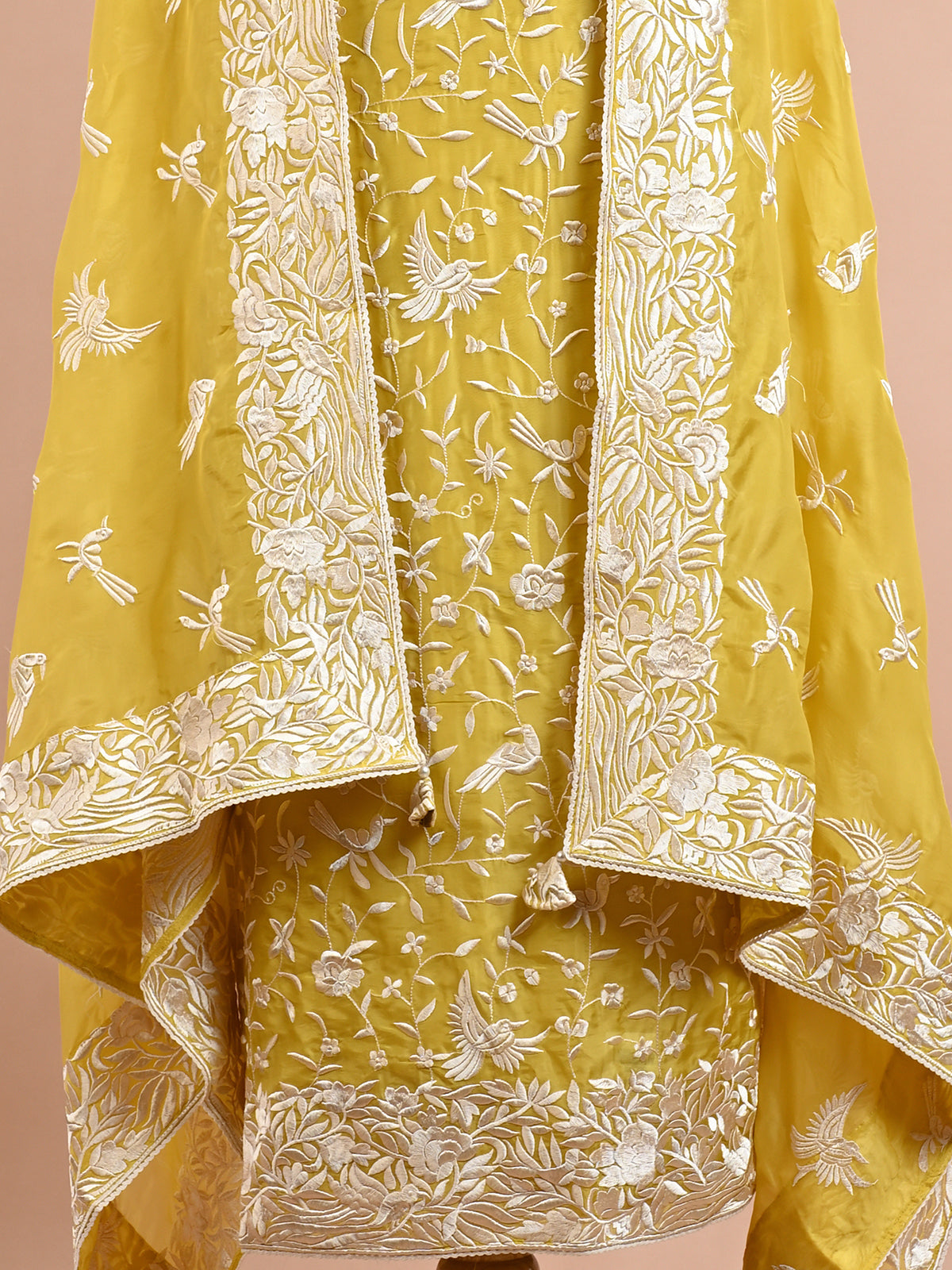 Bengal Silk Parsi Embroidered Yellow Kurta Set - Unstitched