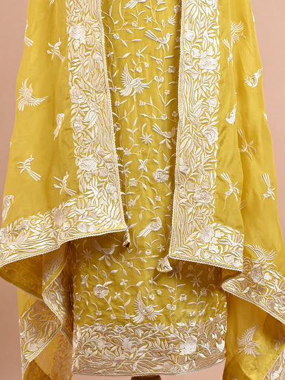 Bengal Silk Parsi Embroidered Yellow Kurta Set - Unstitched