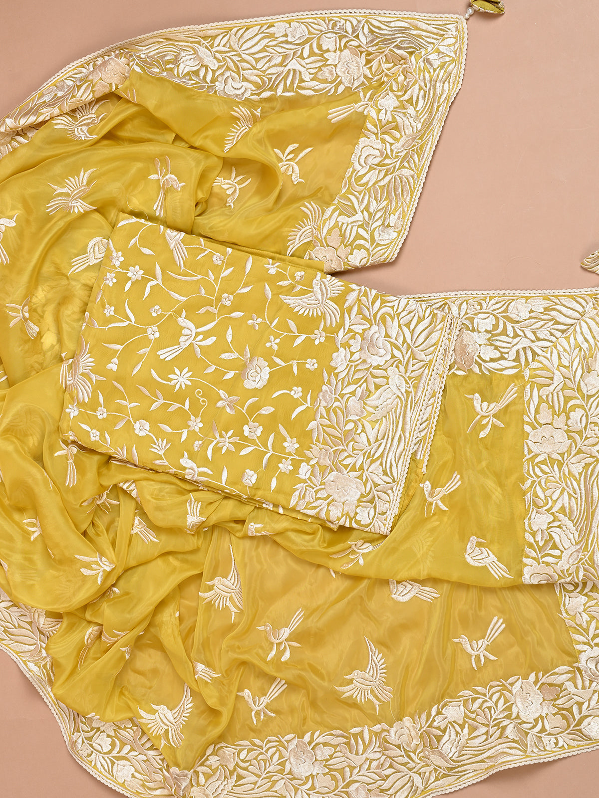 Bengal Silk Parsi Embroidered Yellow Kurta Set - Unstitched