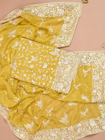 Bengal Silk Parsi Embroidered Yellow Kurta Set - Unstitched