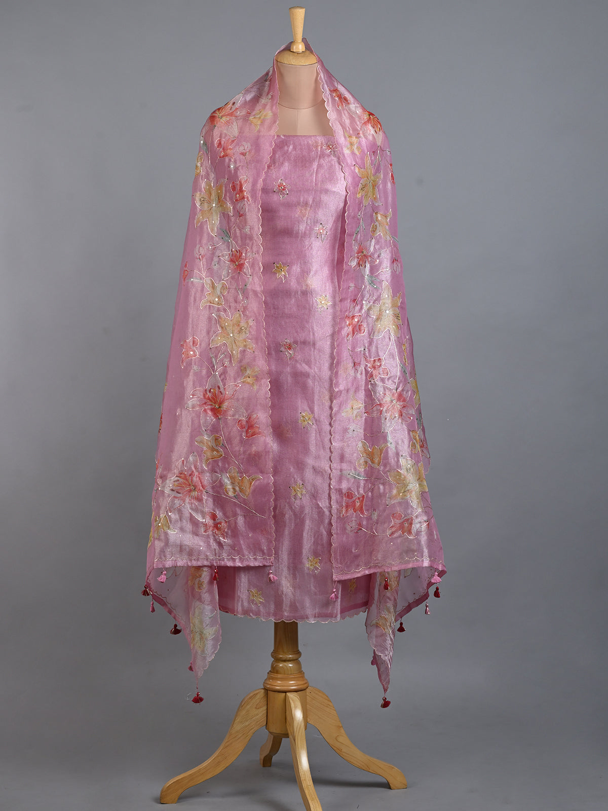 Pink Organza Women's Kurta Set with Applique Work - Unstitched