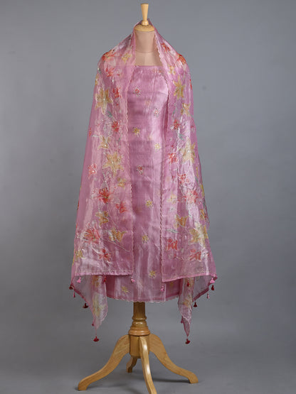 Pink Organza Women's Kurta Set with Applique Work - Unstitched