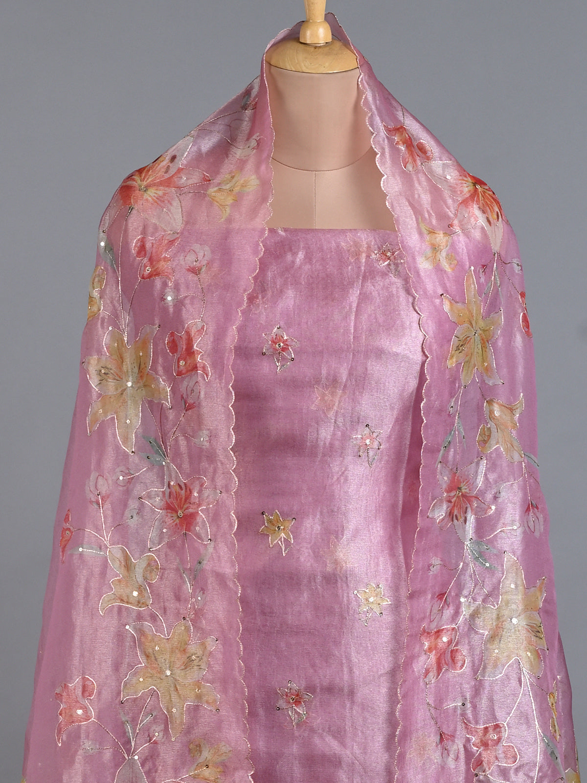 Pink Organza Women's Kurta Set with Applique Work - Unstitched