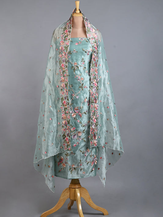 Sky Blue Tissue Embroidered Kurta Set with Dupatta - Unstitched