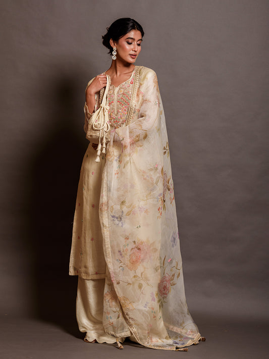 Cream White Tissue Kurta and Palazzo Ensemble